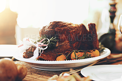 Buy stock photo Turkey, chicken and food for thanksgiving, christmas and family lunch, dinner table setting and party, celebration and cooking in home. Background meat, feast and roasted chicken, dining and eating 