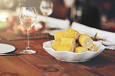 Buy stock photo Background, corn and maize, dinner table and lunch party, celebration and eating in christmas, thanksgiving and festive holidays. Food and drink, healthy grain vegetables and meal on table setting 