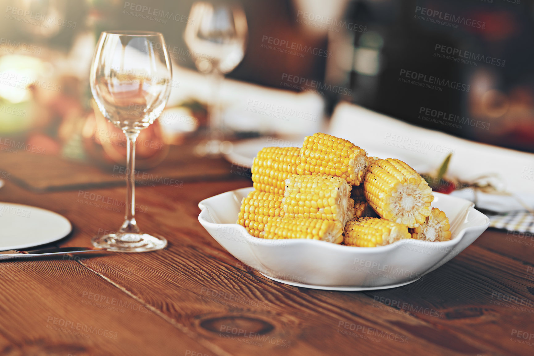 Buy stock photo Background, corn and maize, dinner table and lunch party, celebration and eating in christmas, thanksgiving and festive holidays. Food and drink, healthy grain vegetables and meal on table setting 