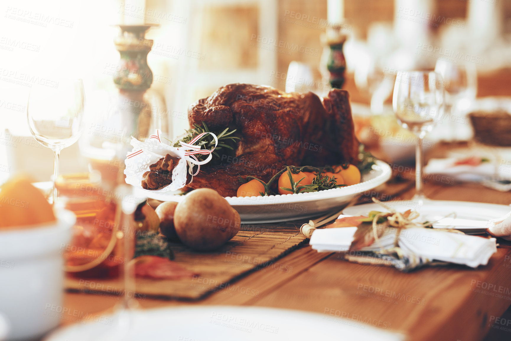 Buy stock photo Turkey, food and thanksgiving table for traditional celebration with no people, setup and luxury meal. Chicken, event and party layout with meat and vegetables, ready for sunday lunch in family home