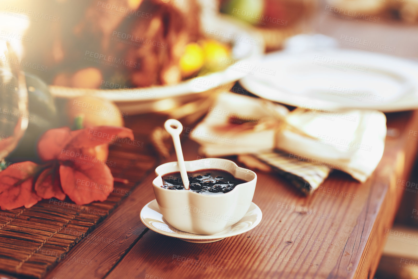 Buy stock photo Thanksgiving food, fruit jam or lunch party in house, empty home or in restaurant celebration event, social gathering or holiday dinner. Zoom, diet or sweet fig on festive meal on buffet dining table