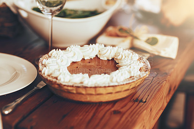 Buy stock photo Pumpkin pie, food and table set for lunch on dinning table in home. Fine dining, cake or pastry for buffet, brunch or thanksgiving party, festive celebration or luxury dessert, meal or dish in house