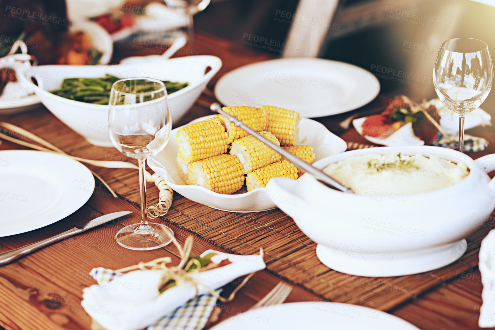 Buy stock photo Table, food and vegetables for dinner and party to celebrate Christmas, Thanksgiving or anniversary. Feast, holiday and celebration with table setting, meal for dinner party and vegetable dish.