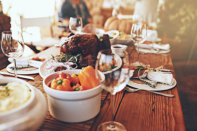 Buy stock photo Table, turkey and meat food for thanksgiving, Christmas and family lunch, dinner party and home celebration in dining room. Background, feast and roasted chicken dish, eating meal and holiday event 