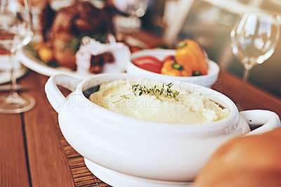 Buy stock photo Food, table and dinner with party to celebrate holiday or anniversary with mashed potato closeup and nutrition. Healthy meal, feast for Christmas or Thanksgiving with celebration and vegetable zoom.