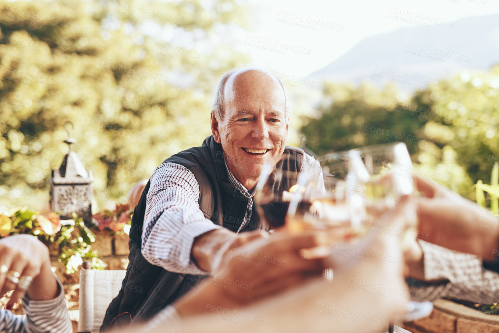 Buy stock photo Toast, celebration and family at a lunch with wine to drink during Christmas on the patio. Happiness, solidarity and friends with a cheers and smile during a dinner party in a backyard of a home