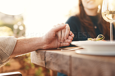 Buy stock photo Worship, table and people holding hands to pray for the meal, feast or dinner at an event. Prayer, celebration and christian family praying for the food before eating at party, celebration or banquet