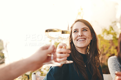 Buy stock photo Wine, happy and woman toast in celebration at a party with friends in outdoor restaurant on holiday. Smile, cheers and girl drinking champagne enjoying quality time in summer on  vacation in Berlin