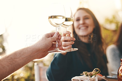 Buy stock photo Toast, glass and wine with couple hands with love, happiness and bonding at dinner together in summer. Happy celebration, woman and man with wine glass at party, restaurant or lunch in Marseille