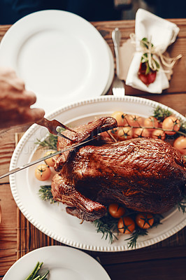 Buy stock photo Person cutting chicken, food and table setting closeup for Christmas or Thanksgiving meal, dinner and party to celebrate. Celebration, nutrition and feast overhead, holiday with meat and vegetables.