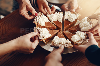 Buy stock photo Cake, celebration and hands of family at a party for Christmas lunch together in a house. Food, sharing and friends with pie for dessert after Thanksgiving dinner during the holiday in a family home