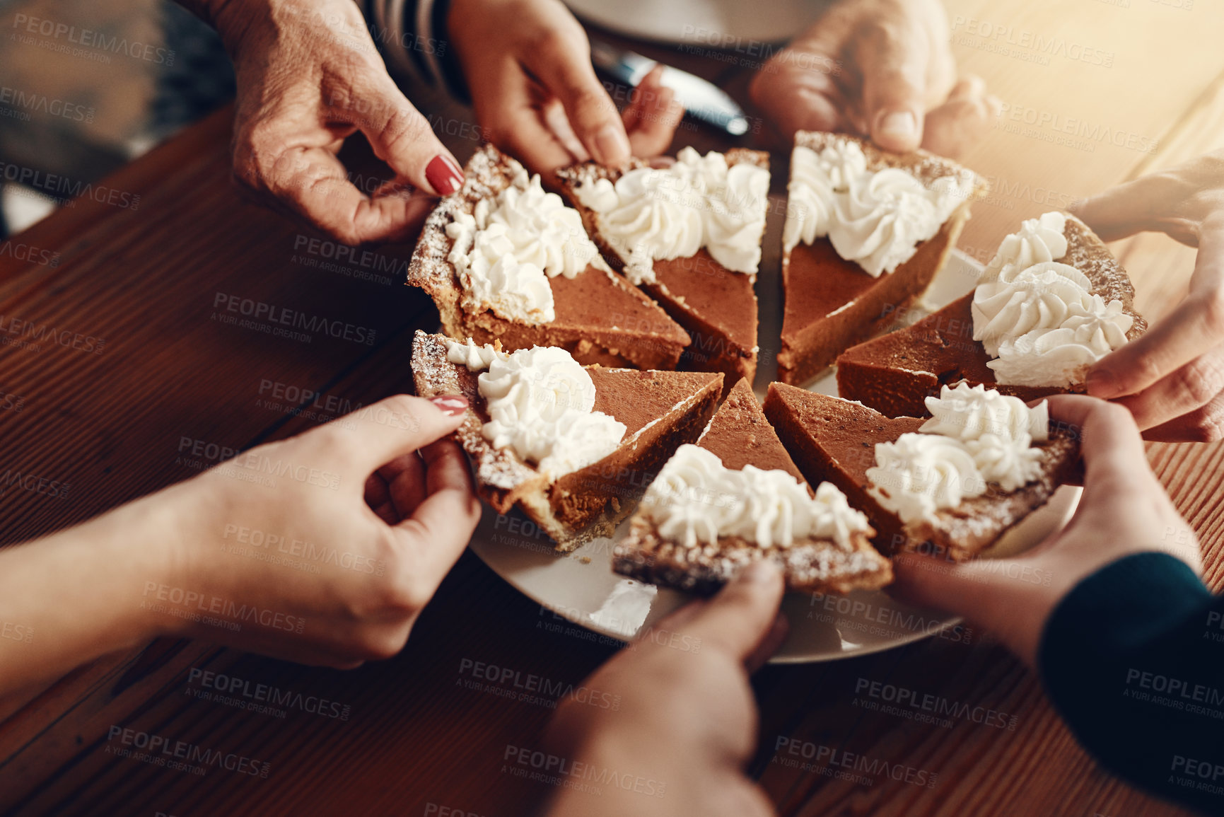 Buy stock photo Cake, celebration and hands of family at a party for Christmas lunch together in a house. Food, sharing and friends with pie for dessert after Thanksgiving dinner during the holiday in a family home