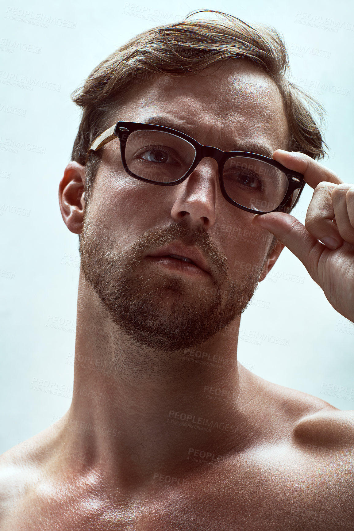 Buy stock photo Thinking, eye care and man with glasses in studio for eyesight, wellness and style choice on white background. Optometry, geek and model with prescription lens vision, spectacles and frame decision