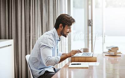 Buy stock photo Man, home and happy with laptop for remote work and blogging as freelance writer. Typing, male person and table with research with headline story, email and news article for newspaper as journalist