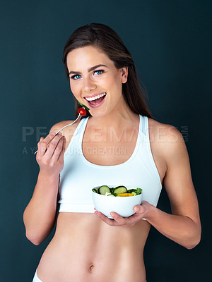 Buy stock photo Salad, woman eating and portrait with fitness, health and nutrition of meal with smile in studio. Workout, happy and female model with exercise and training with healthy food and vegetables for diet