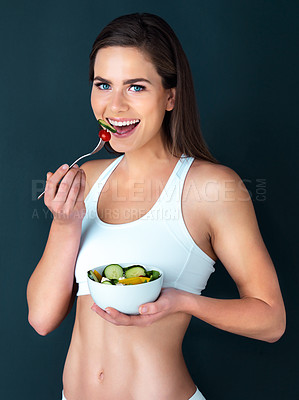 Buy stock photo Salad, woman and eating portrait with fitness, health and nutrition of meal with a smile in studio. Workout, happy and female model with exercise and training with healthy diet food and vegetables