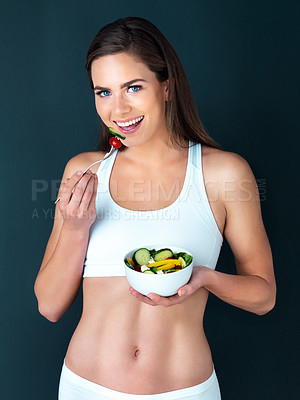 Buy stock photo Salad, happy woman and diet portrait with fitness, health and nutrition of meal with a smile in studio. Workout and female model with exercise and training with healthy food and vegetables for care