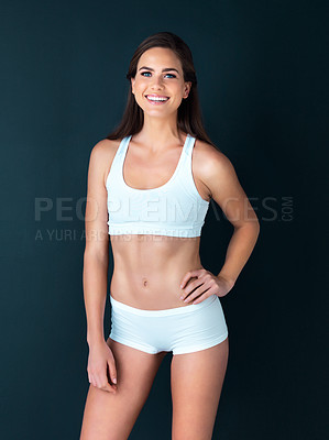 Buy stock photo Happy woman, portrait and fitness to lose weight, health and wellness against a studio background. Active female person smile with hand on hip for body workout, exercise or training on mockup space