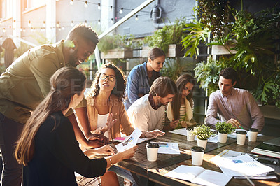 Buy stock photo Team, business people and discussion at cafe with documents, stats and data metrics. Paperwork, group and meeting at restaurant for planning, problem solving or analysis with creative project manager