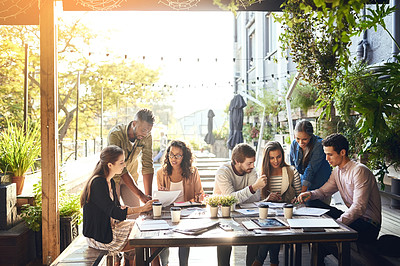 Buy stock photo Creative business people, meeting and planning in team collaboration, strategy or discussion for startup. Group of employee workers in teamwork, documents and project plan together at the workplace