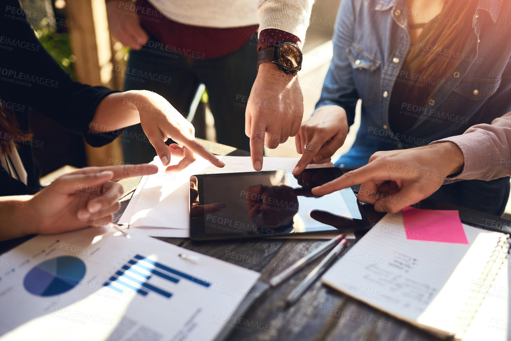 Buy stock photo Hands, people and meeting with tablet, charts and review for performance in circle at creative agency. Men, woman and group with point in scrum for feedback, documents and technology at media company