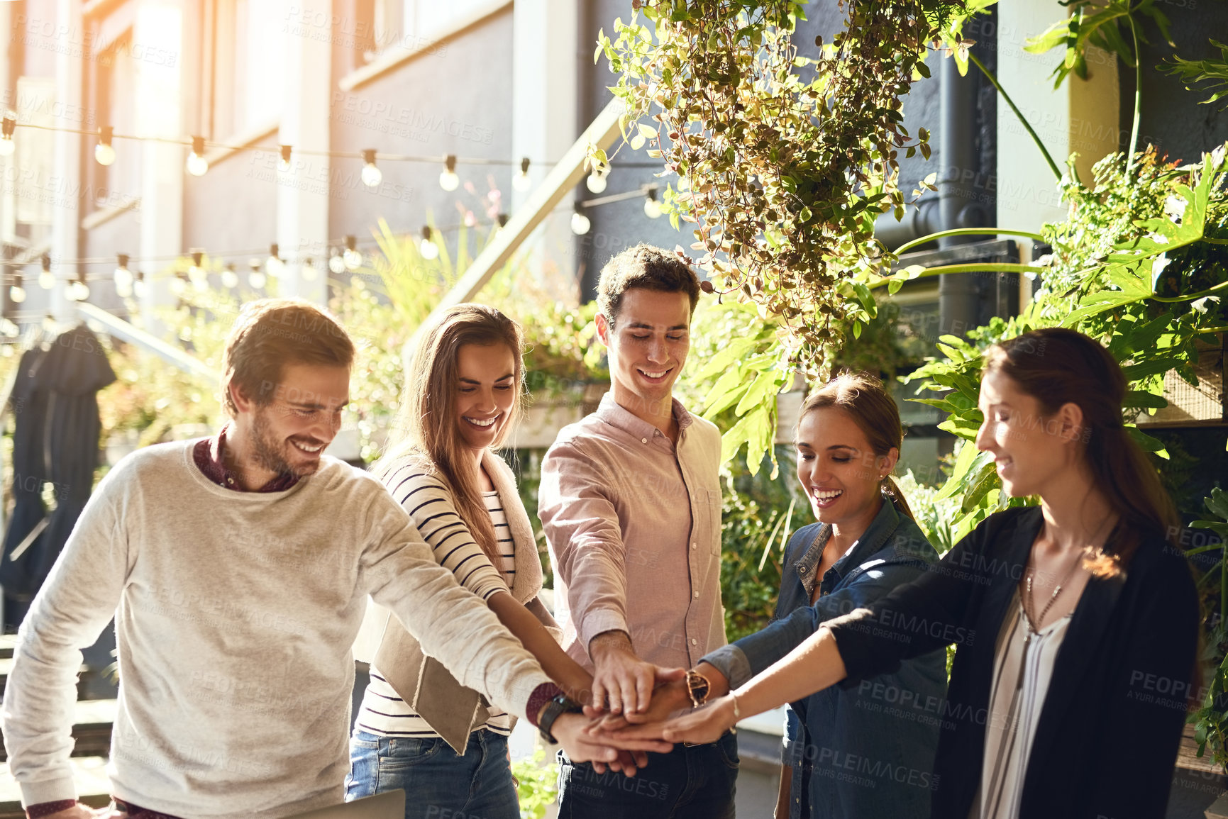 Buy stock photo Huddle, trust and group of business people with agreement or celebration for success in meeting. Together, synergy and team building with solidarity for partnership or  startup collaboration outdoor