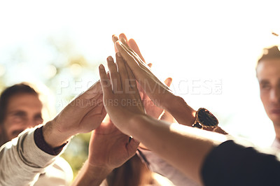 Buy stock photo Business people, hands and high five for teamwork, winning or success in unity or collaboration outdoors. Group touching hand in agreement, meeting or team building for win, support or goals together