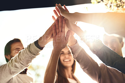 Buy stock photo Business people, hands and high five for team motivation, winning or success in unity outdoors. Happy group touching hand for teamwork, victory win or collaboration in solidarity together in nature