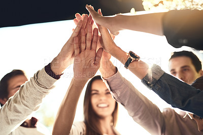 Buy stock photo Business people, hands and high five in meeting for teamwork, winning or success in unity outdoors. Group touching hand for team building, victory or collaboration in solidarity together for goals