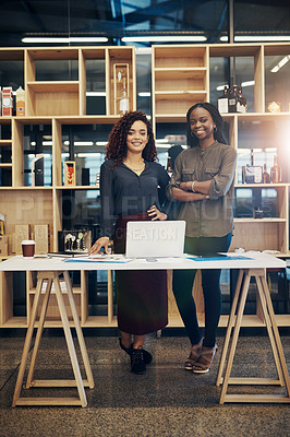 Buy stock photo Portrait of two designers standing together in a modern office