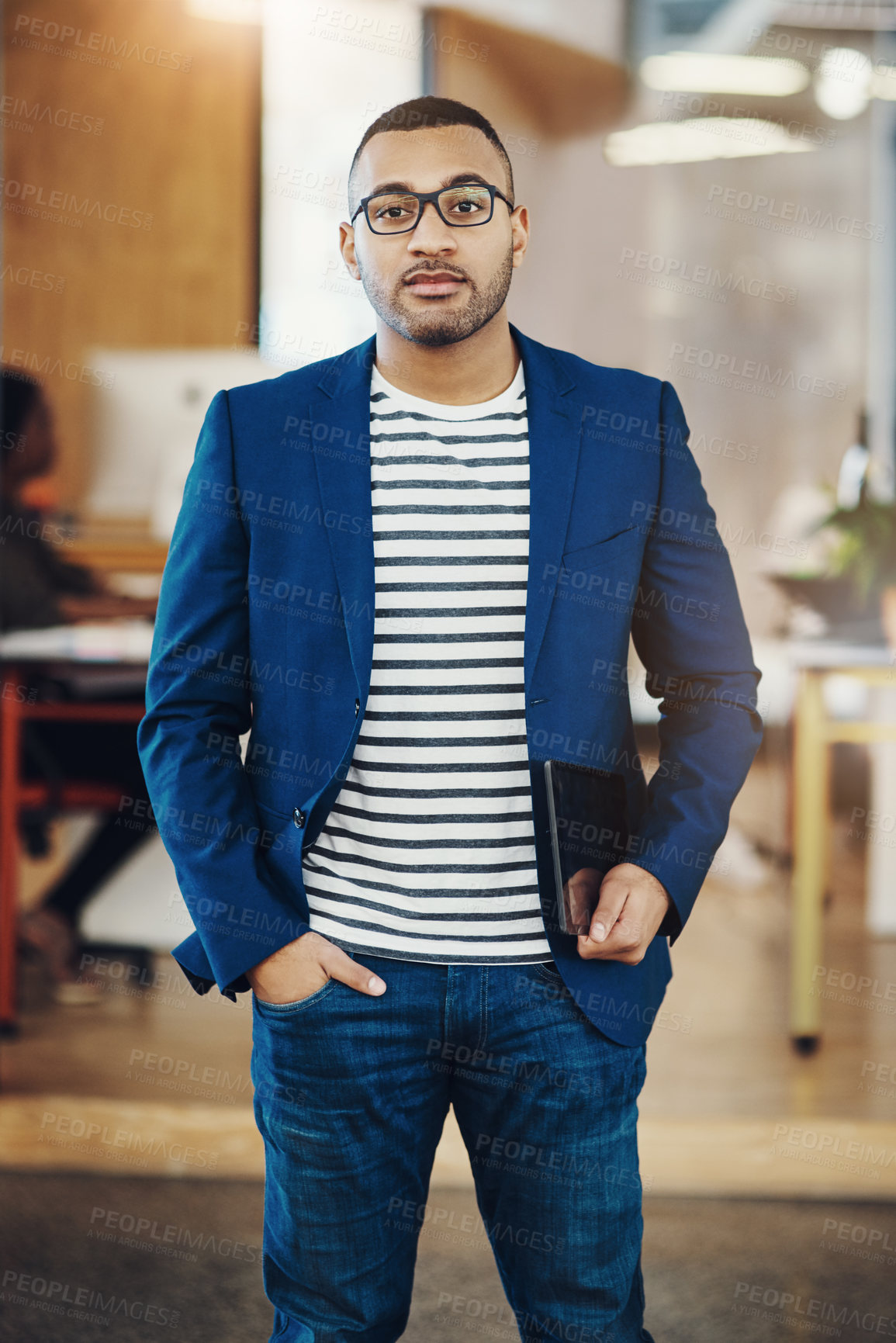 Buy stock photo Portrait, glasses and business man with tablet in office for career or online research. Expert, tech and confident professional entrepreneur, employee or creative director with experience in startup