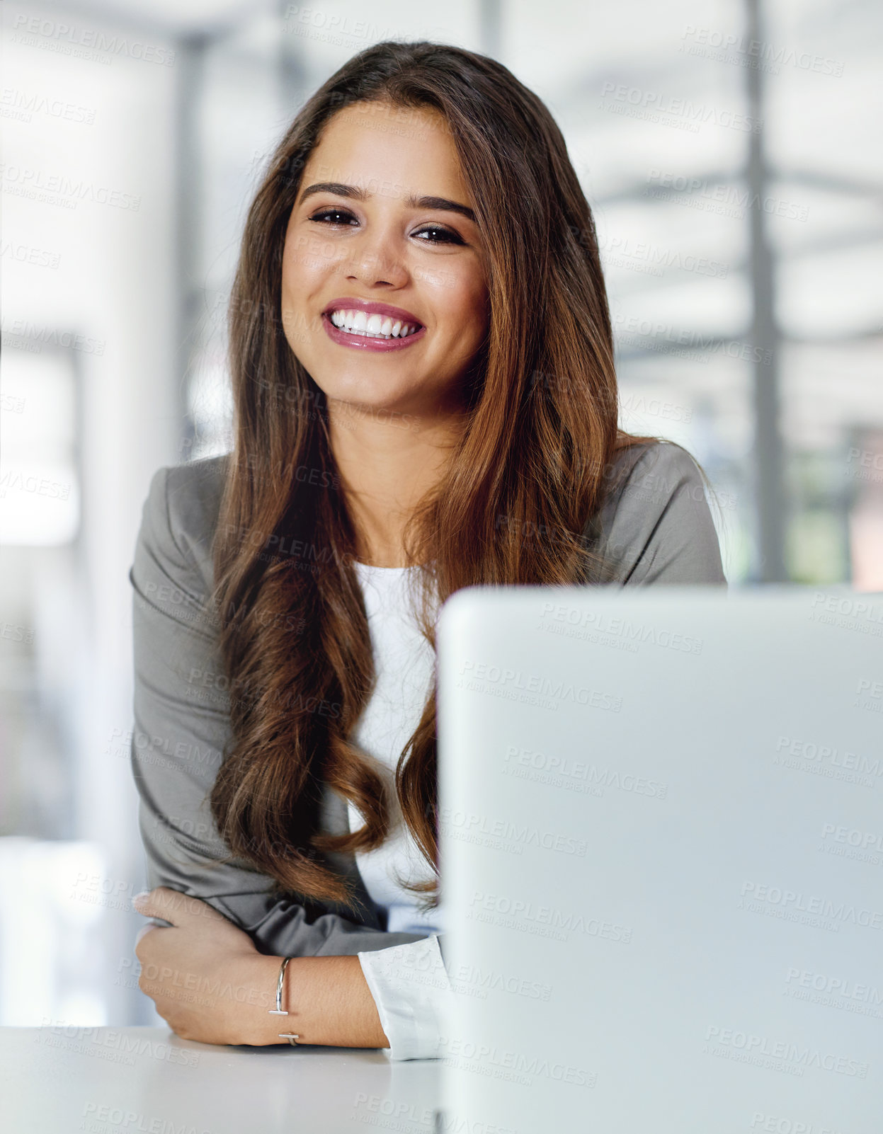 Buy stock photo Finance, smile and portrait of businesswoman on laptop for online research and profit evaluation. Face, happy or financial advisor with technology for company revenue growth, payroll or investment