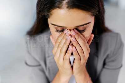 Buy stock photo Frustrated woman, mistake and stress with vertigo for failure, financial crisis or company liquidation at office. Young, female person or tired employee with strain for debt, bad news or bankruptcy