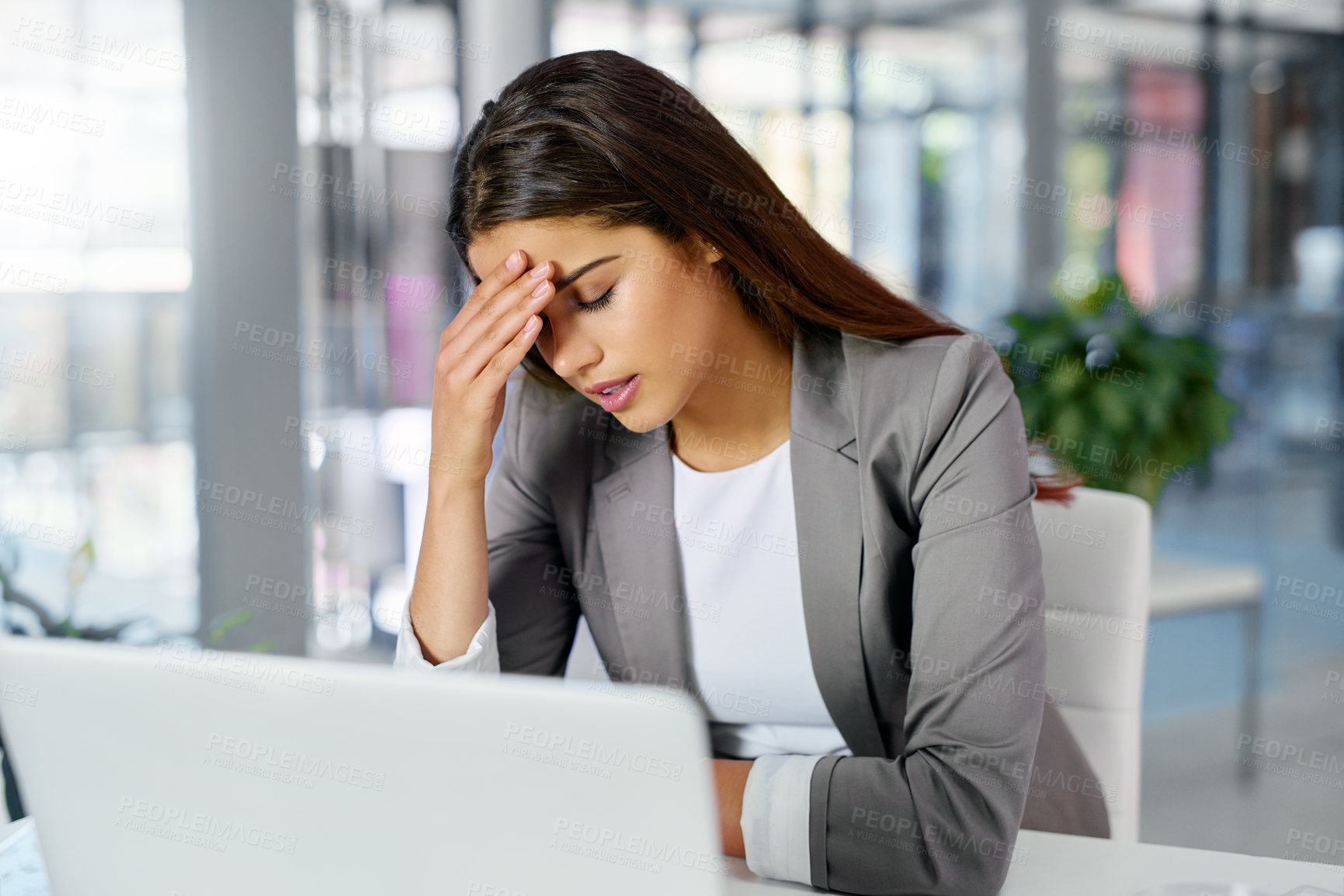 Buy stock photo Office, tired and business woman with stress, fatigue and mental health from missed deadline. Workplace, female journalist or content writer with burnout, information or copywriting mistake on laptop