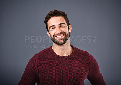 Buy stock photo Happy, handsome or headshot portrait of a man isolated on studio background with confidence or smile. Model, mock up space or face of male person smiling with happiness or positive mindset in Italy