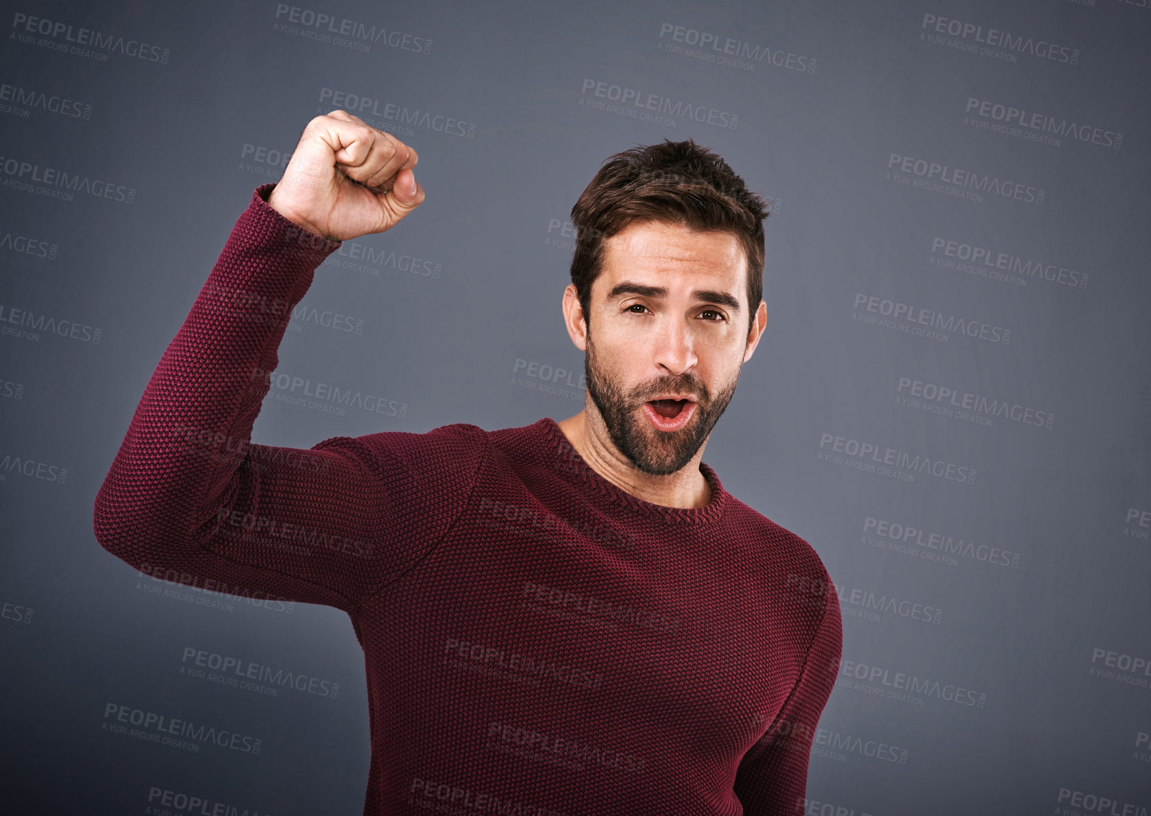 Buy stock photo Portrait, fist and man in studio with success for achievement, target or reaching goal with gray background. Cheer, scream and excited male person for celebration, victory or lotto winner on mockup