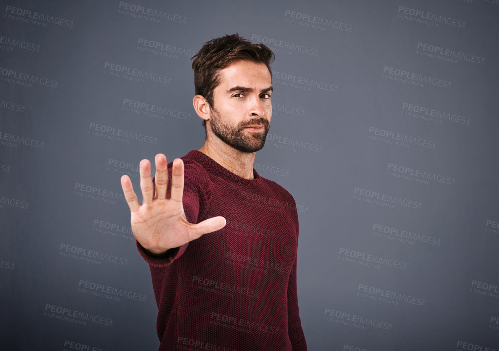 Buy stock photo Stop, hand gesture and portrait of man in studio for warning, order or threat with gray background. Attention. palm and male person with limit for protection, safety or danger with protest on mockup