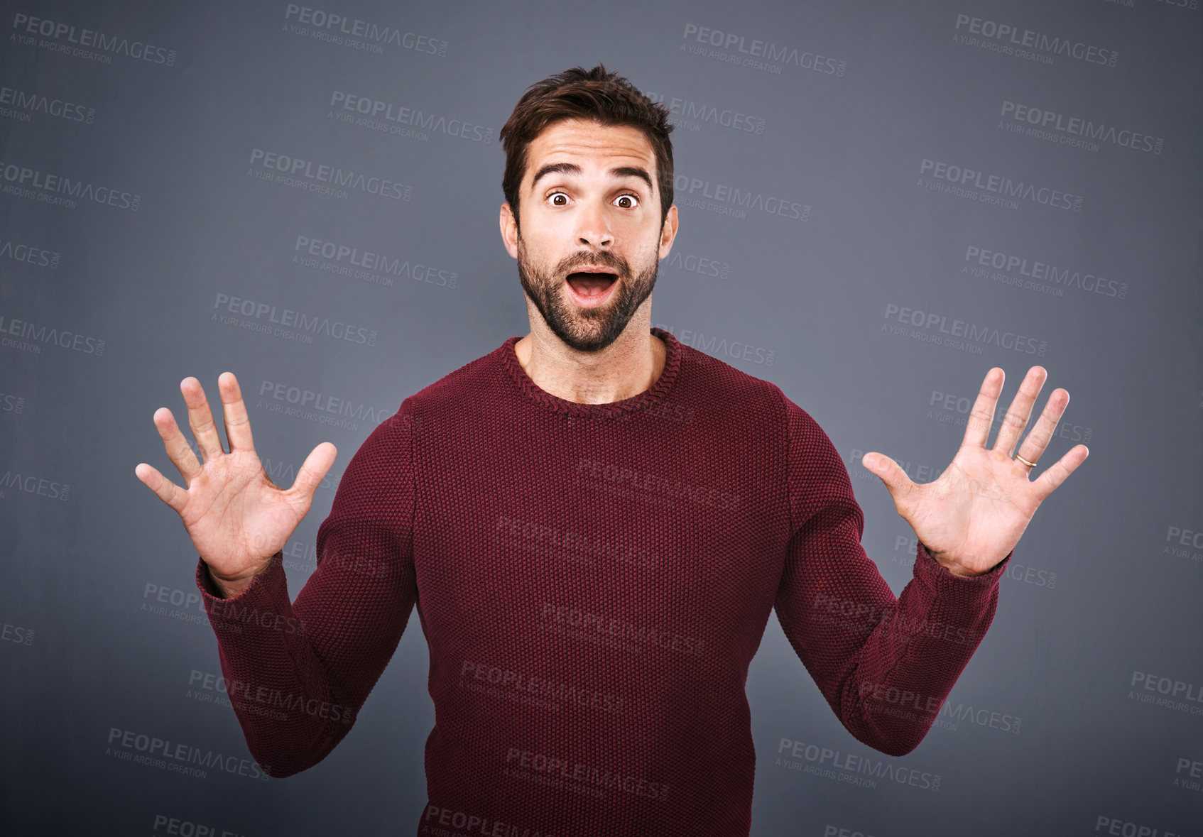 Buy stock photo Studio, portrait and surprise with hands of man, comic and wow for news of discount and announcement. Black background, banner and space for person, shock and confused of gossip, rumor or information