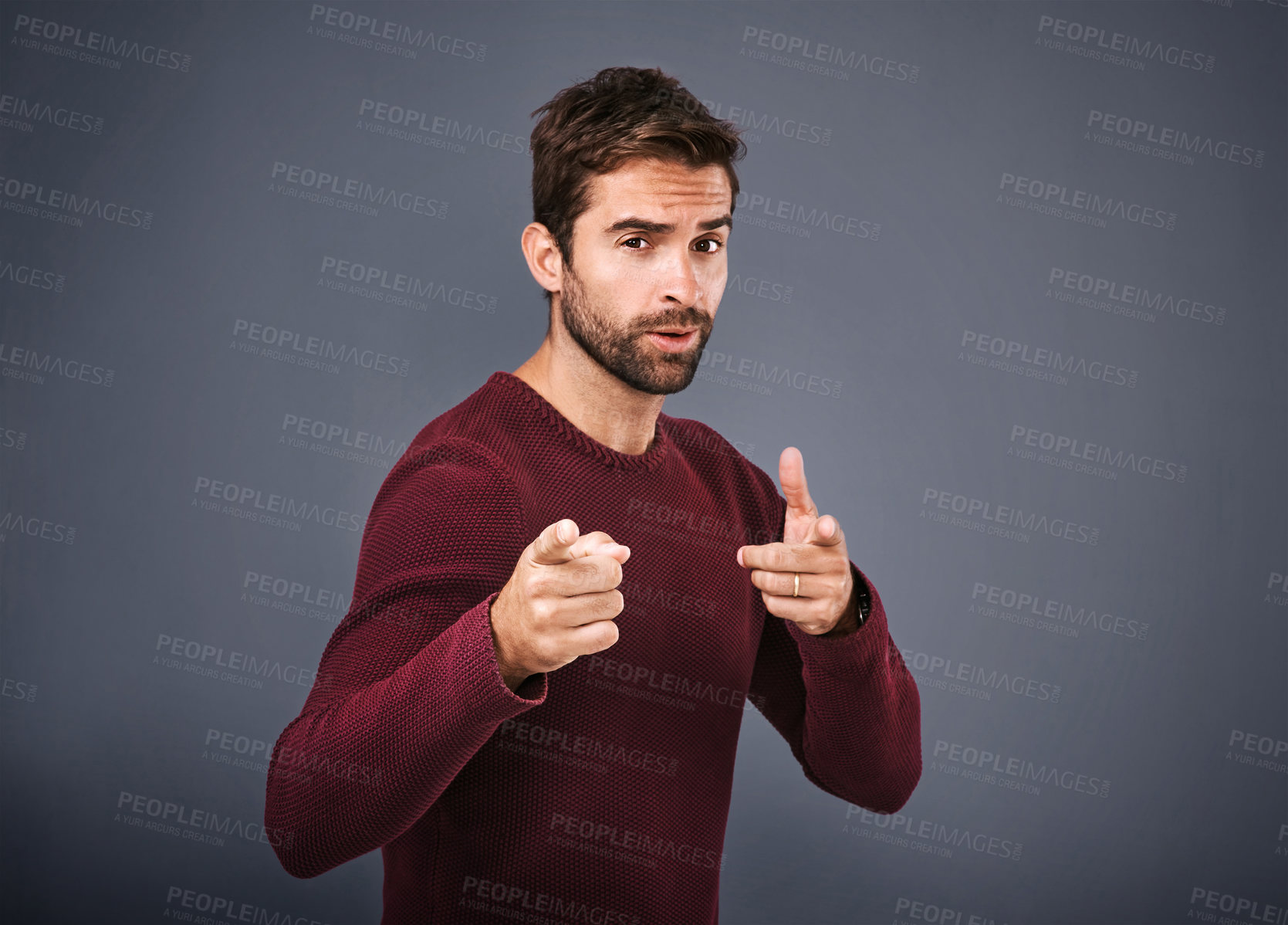 Buy stock photo Studio, pointing and portrait of man, proud and choice for fashion, gesture and jersey for winter. Black background, mockup and banner for person with cardigan, cool and clothes with organic cotton