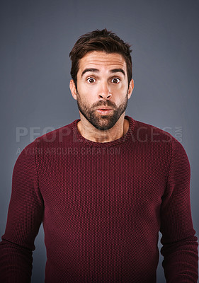 Buy stock photo Studio, portrait and shock of man, rumor and hearing of secret, confused and gossip of news in mockup. Grey background, drama and listening of person, space and face of question for information