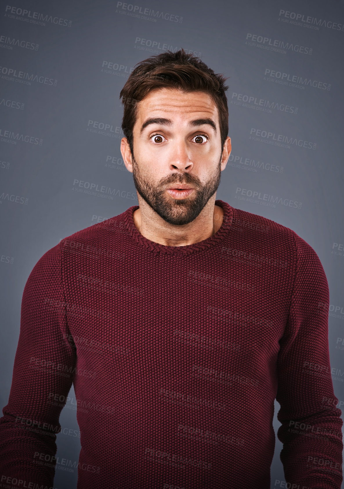 Buy stock photo Studio, portrait and shock of man, rumor and hearing of secret, confused and gossip of news in mockup. Grey background, drama and listening of person, space and face of question for information