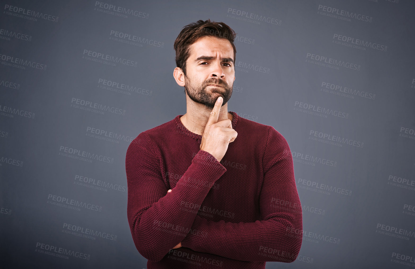 Buy stock photo Doubt, thinking and portrait of man in studio with unsure, uncertain and thoughtful on gray background. Confused, mockup space and face of male person skeptical for decision, choice and question