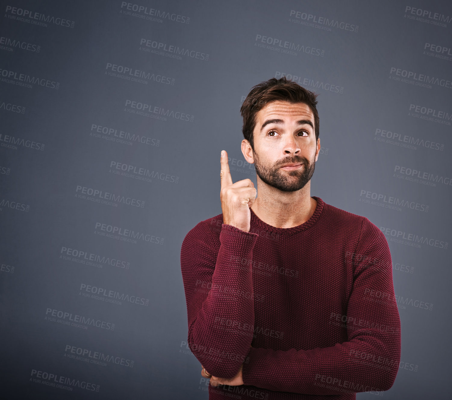 Buy stock photo Choice, thinking and man with ideas, decision and problem solving on grey studio background. Person, model and guy with wonder, why and thoughts with questions, inspiration and planning with solution