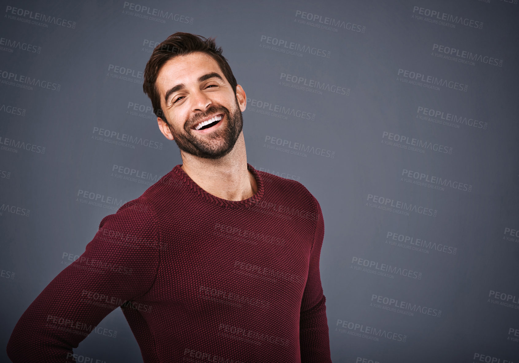 Buy stock photo Studio, happy and portrait of man, fashion and confidence in mockup space, pride and jersey for winter. Gray background, face and person in Miami, smile and comfortable in clothes, joy and sweater