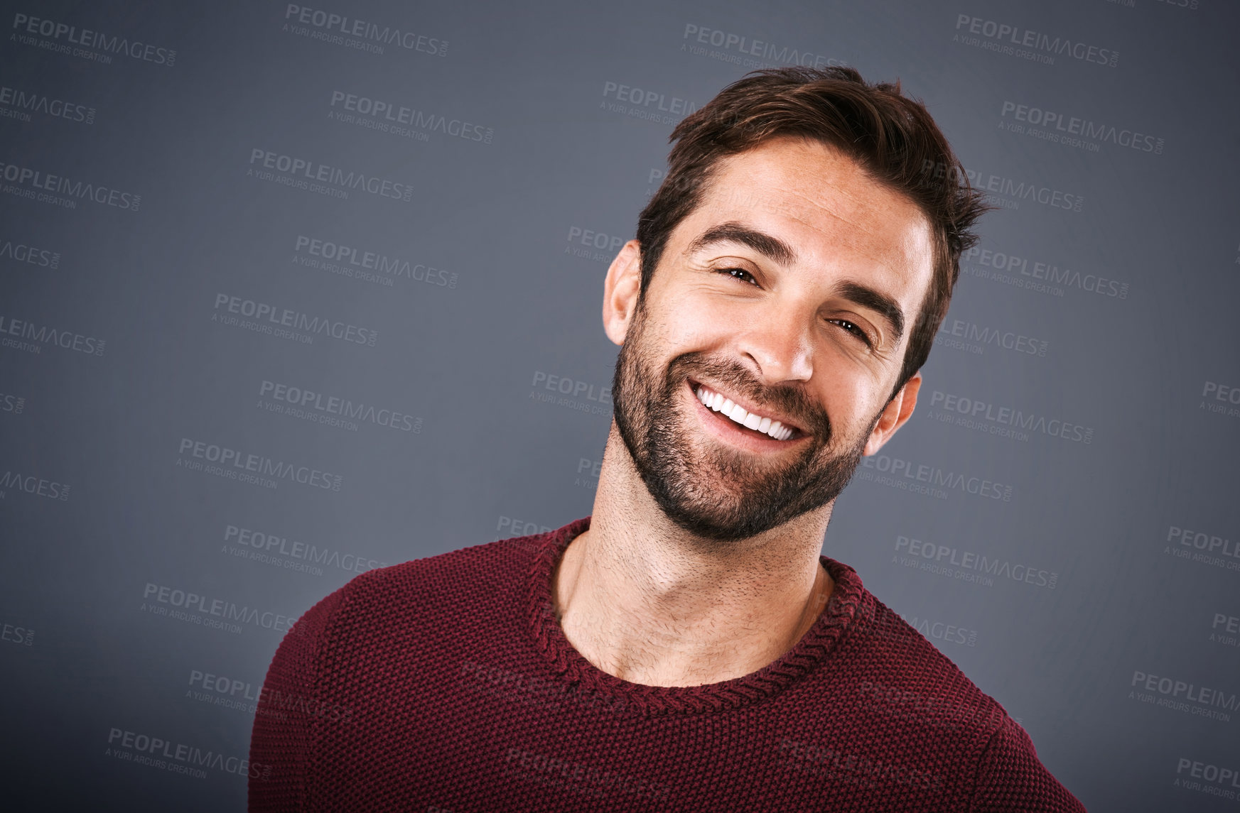 Buy stock photo Studio, face and sweater for man, fashion and confidence in mockup space, pride and cardigan in winter. Gray background, portrait and person in Miami, happy or comfortable in clothes, joy or jersey