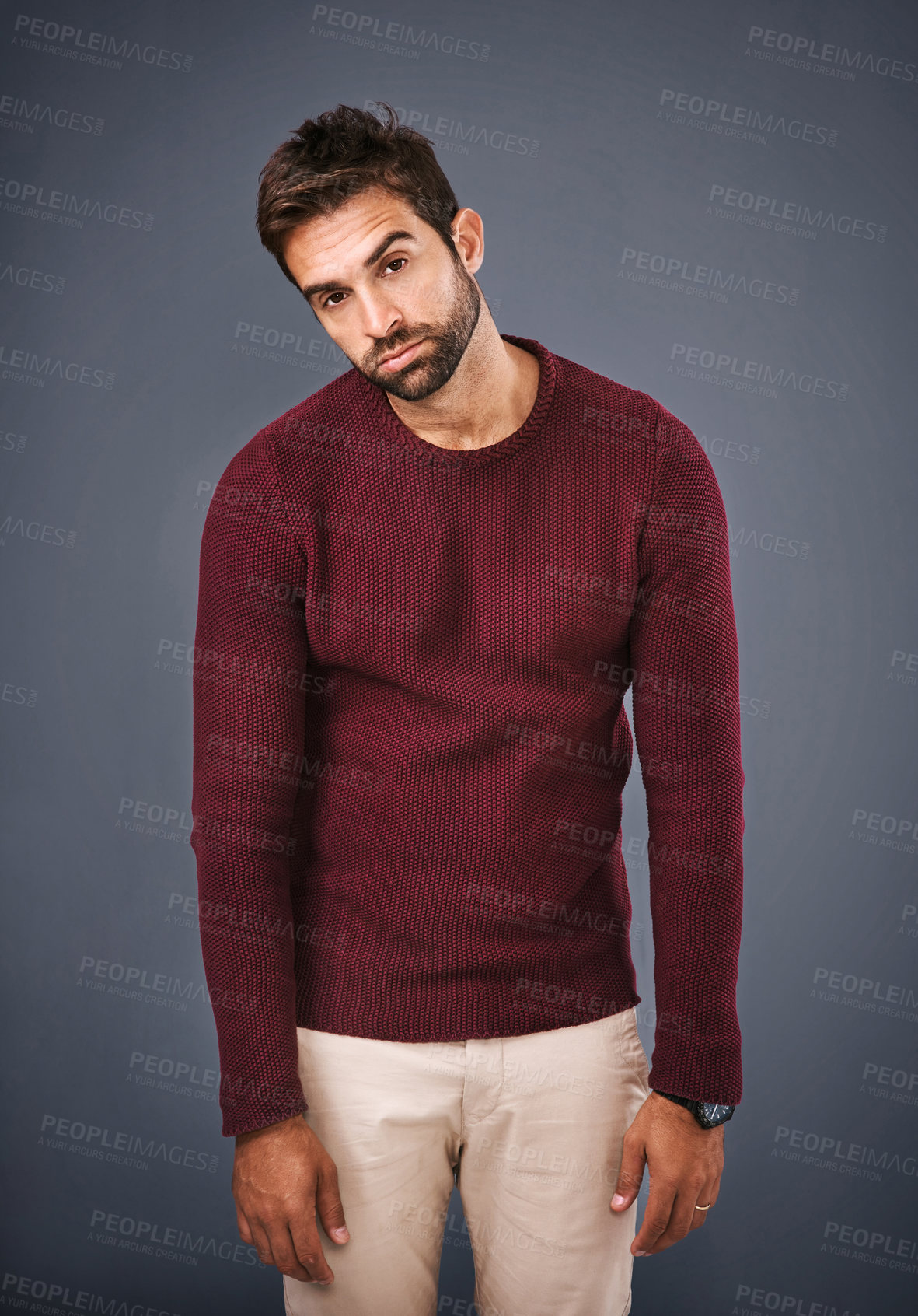 Buy stock photo Studio, employee and portrait of man, sad and bored in sweater, serious and thinking of career as journalist. Gray background, entrepreneur and person in jersey, unhappy and tired of business