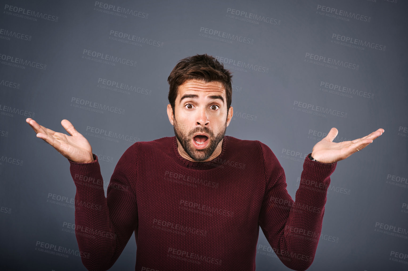 Buy stock photo Studio, question and man with shock, portrait and hearing news of discount, sale and deal in business. Black background, confused and face of person, gossip and surprise with mouth, secret and hands