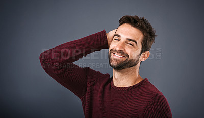 Buy stock photo Studio, proud and confidence of man, face and mockup space for fashion, jersey and calm in clothes. Gray background, portrait and happiness, smile and cheerful in organic cotton in winter of Canada