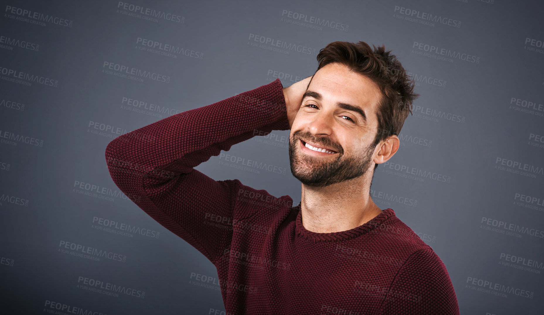 Buy stock photo Studio, proud and confidence of man, face and mockup space for fashion, jersey and calm in clothes. Gray background, portrait and happiness, smile and cheerful in organic cotton in winter of Canada