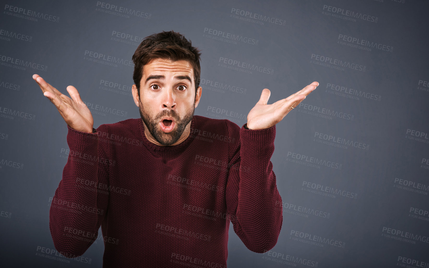 Buy stock photo Studio, portrait and man with shock, confused and hands for question, gossip and news of drama in mockup. Black background, wow and face of person with surprise, doubt and secret of announcement 